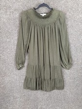 Ann Taylor Loft Tiered Long Sleeve Mini Dress Womens S Olive Green Dot Boho NWT
