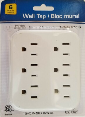 Electrical Extension Grounded 6 Outlet Plug Wall Taps Indoor White