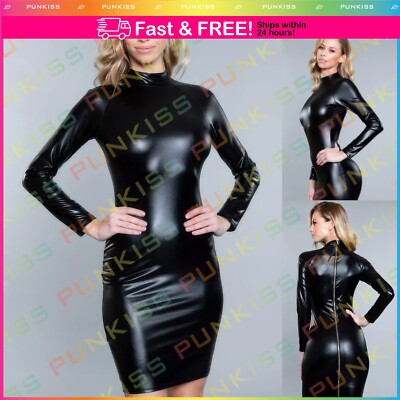 Women Wet Look Fetish Sleek Shine Faux Latex Look Long Sleeve Dominatrix Dress