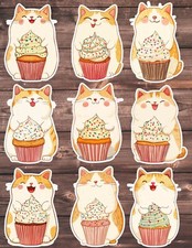 Cat With Cupcake Die Cut Stickers Set Scrapbooking Laptop WaterBottle