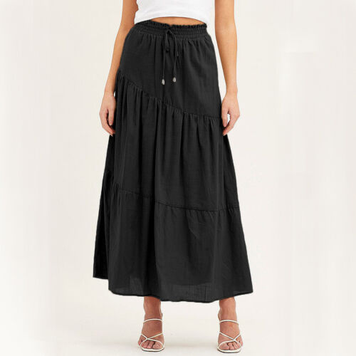 Lady Casual Solid Color Cotton Linen Elastic Waist Fashion Summer Long Skirt - Picture 5 of 26
