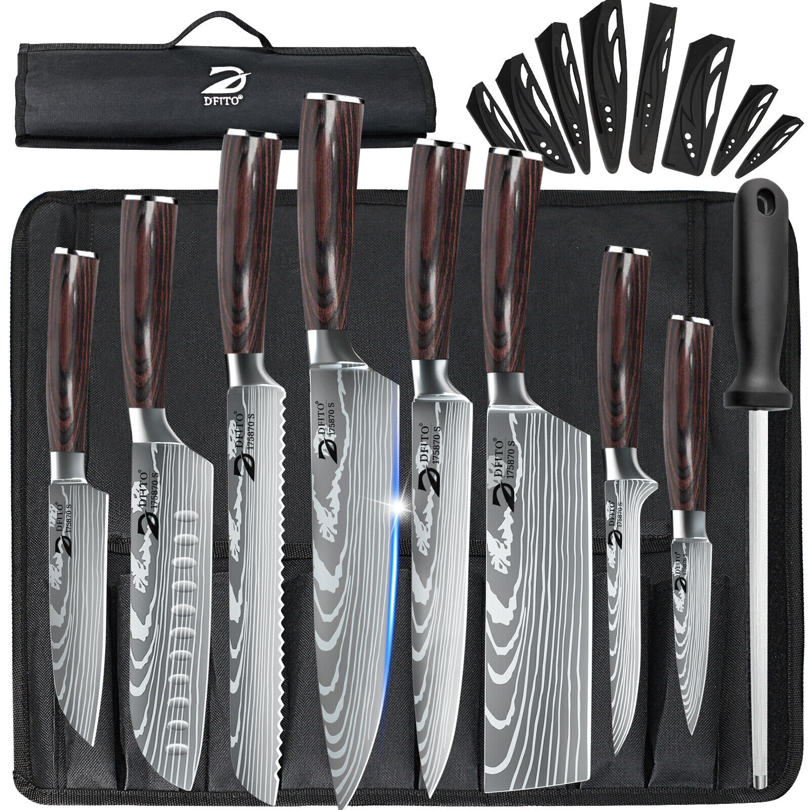 Kitchen Knife Set Damascus Pattern Chef Knives Stainless Steel Cleaver with Bag