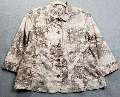 Chico s Spring Jacket Women 1 Medium Brown Gray Paisley ¾ Sleeve Pockets Stretch