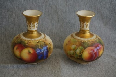 Royal Worcester PAIR of VASES - Hand Painted Fruit - Gilt - Signed ALBERT SHUCK
