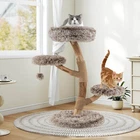 Modern Cat Tree w/Pear Wood Trunks Scratching Posts Soft Long Plush Fabric