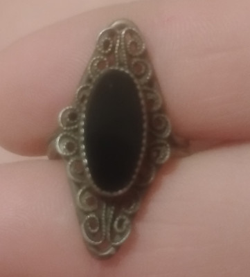 Vintage Silver Tone Filigree Ring Adjustable Oval Black Onyx Stone