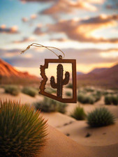 Arizona State Outline Ornament with Saguaro Cactus