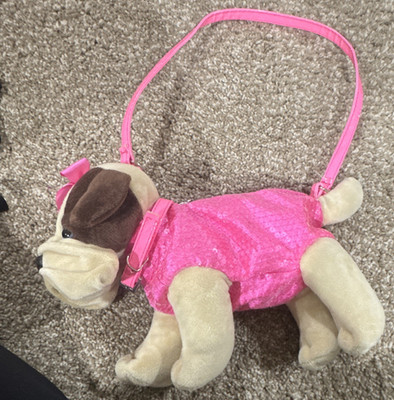 Poochie & Co Girls Small Plush Dog Shoulder Bag Pink Sequin Bow Zip Strap