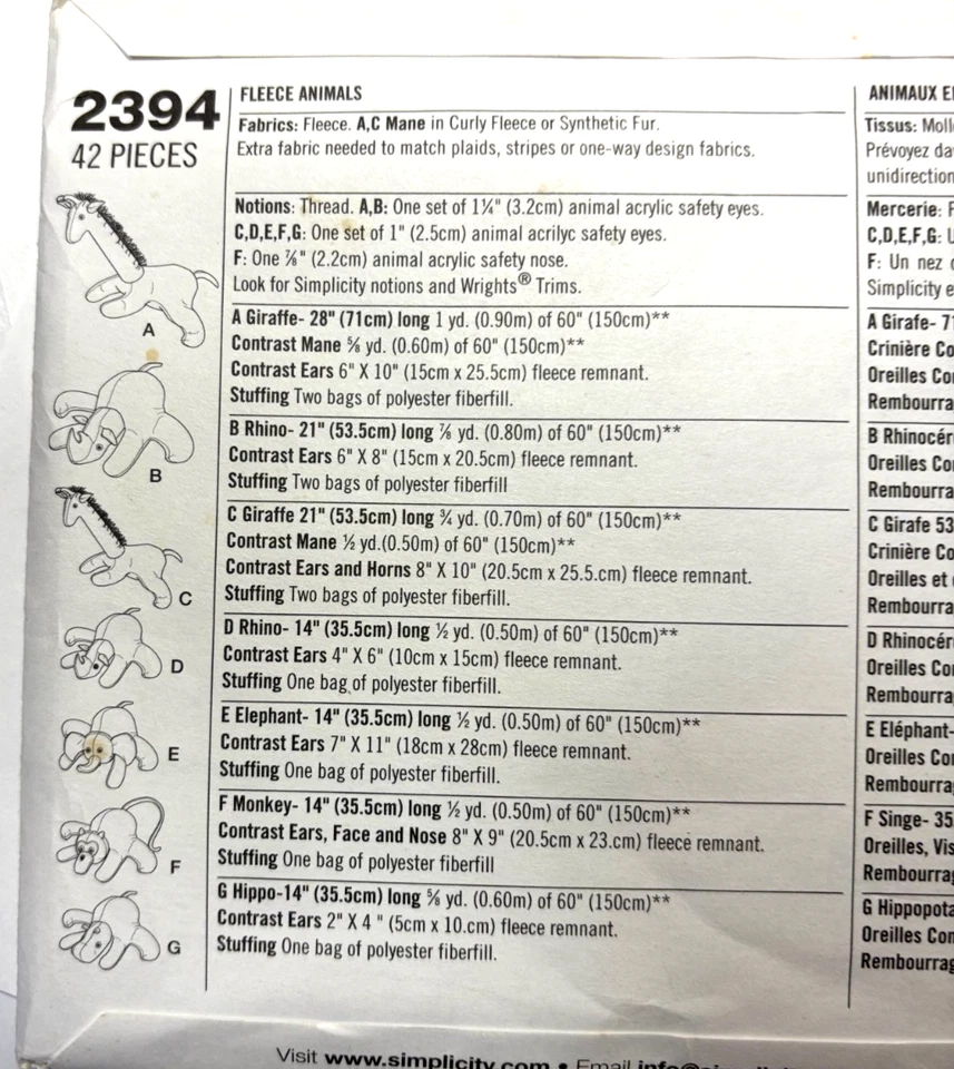 Simplicity Sewing Pattern Stuffed Animal Toy Elephant Giraffe New Uncut 2394 - Image 2 of 2