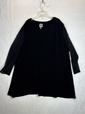 Anne Klein 2X Black Evening Poly Stretch 3/4 Mesh Sleeve Plus Top Shirt Womens