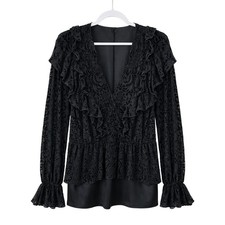 Black Lace Ruffle Peplum Top S/M Whimsigoth Romantic Goth Dark Victorian Witchy