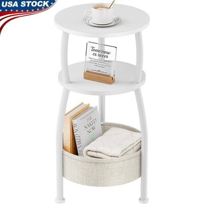 3-Tier Round Side Table W/ Linen Fabric Basket Cat Bed Hidden Storage Organizer