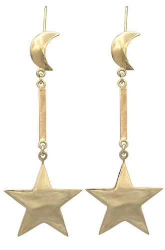 18 Karat Yellow Gold Crescent Moon & Star Dangle Earrings