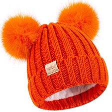 Kids Winter Beanie Hat Warm Ski Caps with Pompom Fleece Lined Children's Orange