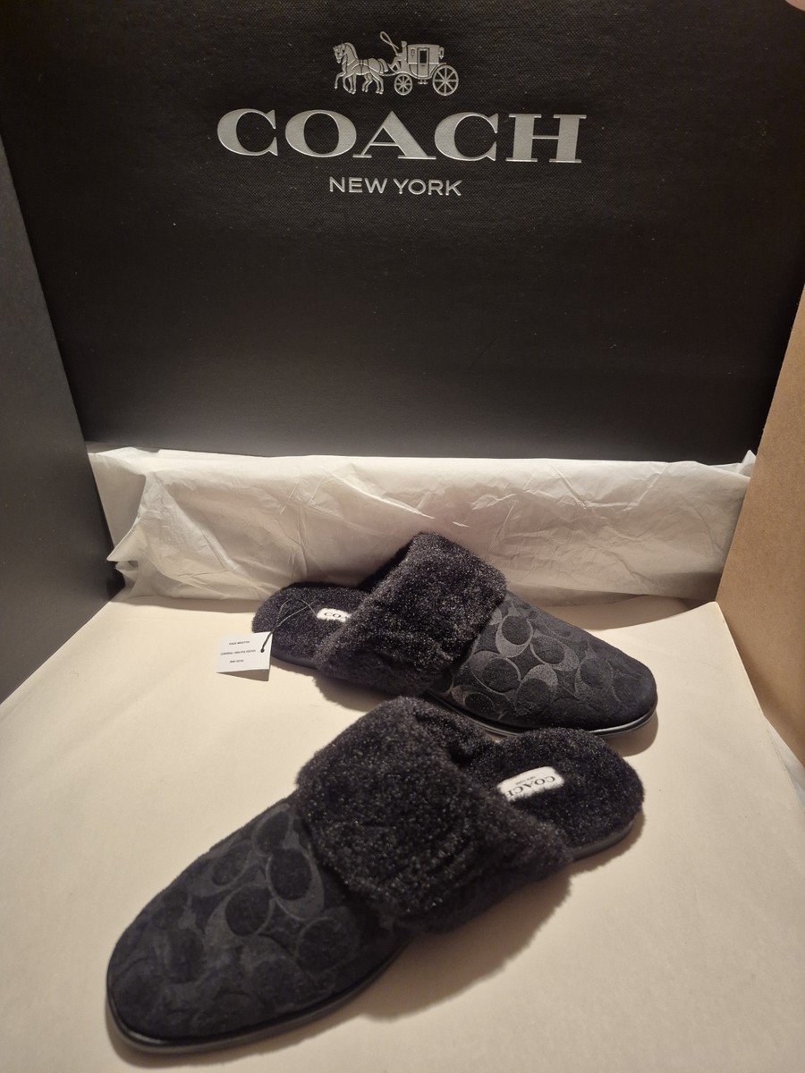 COACH SHERPA/SUEDE FLAT MULES IN SIGNATURE BLACK;SIZE 9M 
