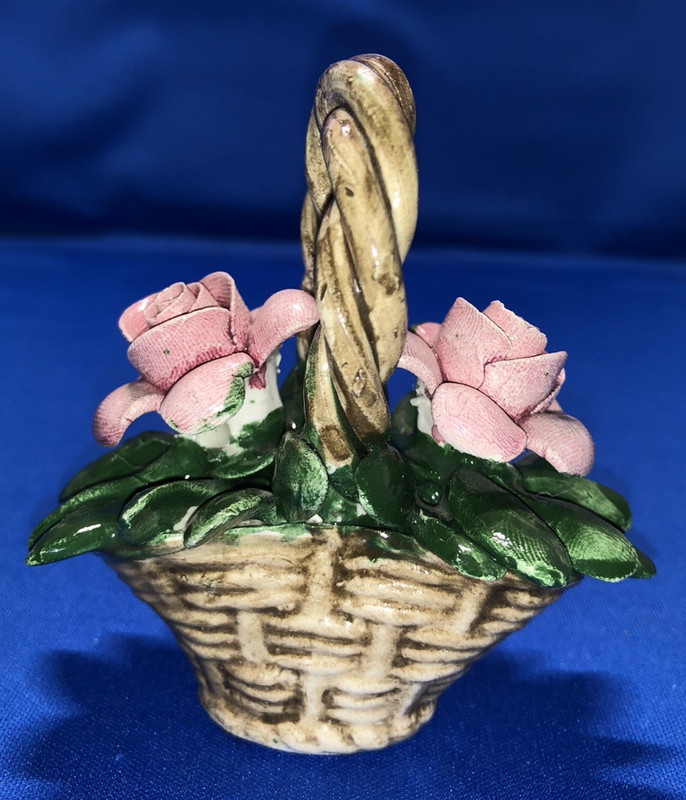 Vintage Small Floral porcelain Flowers in Basket   3.5 in H x 3.25 in L x 2 in W