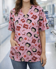 Betty Boop Women  s V-Neck Scrub Top L - Colorful Lips  Lipstick Pocket NWT