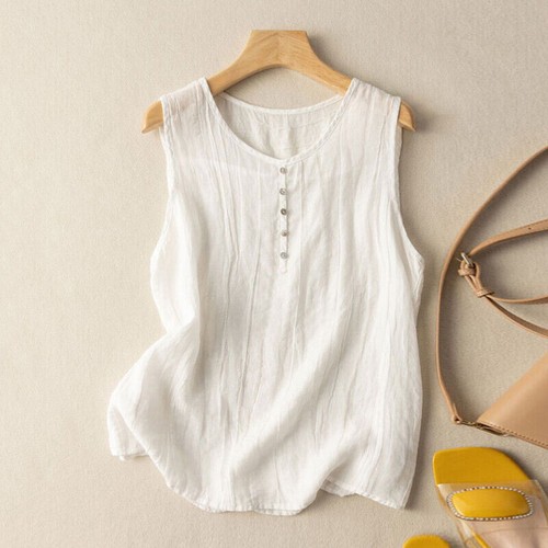 Summer Tank Vest Shirt Cotton Linen Sleeveless O-Neck Tops Blouse Tee Ladies - Photo 8/18