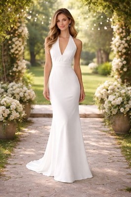 NWT *With Flaws* Windsor Ivory Deep V-Neck Halter Bridal Maxi Dress
