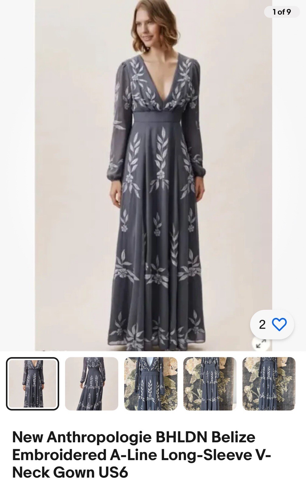 BHLDN Belize Embroidered V-Neck Long-Sleeve A-Line Gown Size 10