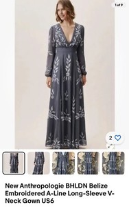 Anthropologie BHLDN Belize Embroidered A-Line Long-Sleeve V-Neck Gown Size 10