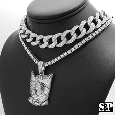 Hip Hop Uzi Vert Pendant w/ 18" Full Iced Cuban  1 ROW DIAMOND Choker Chain Set