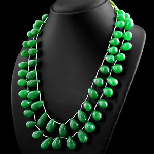Green Emerald 805.50 Cts Earth Mined 2 Strand Pear Shape Beads Necklace Rare