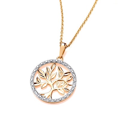 Halskette 9 kt Gelbgold natürlicher Diamant Lebensbaum Anhänger + 18 Zoll Kette