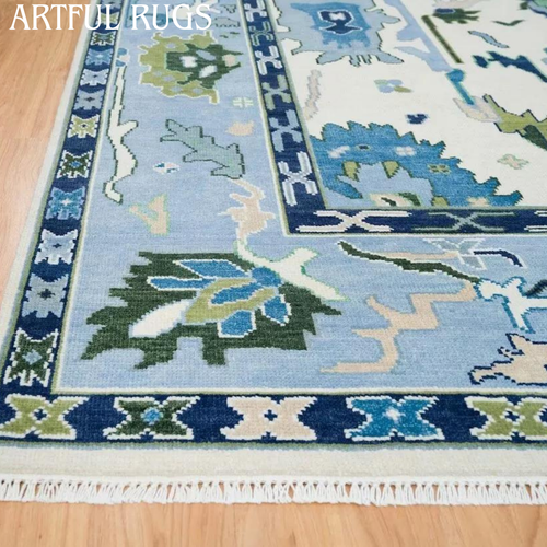 Oushak Hand Knotted Wool Rug Blue Accent Turkish Rug 8x10 Feet Custom Carpet - Picture 5 of 10