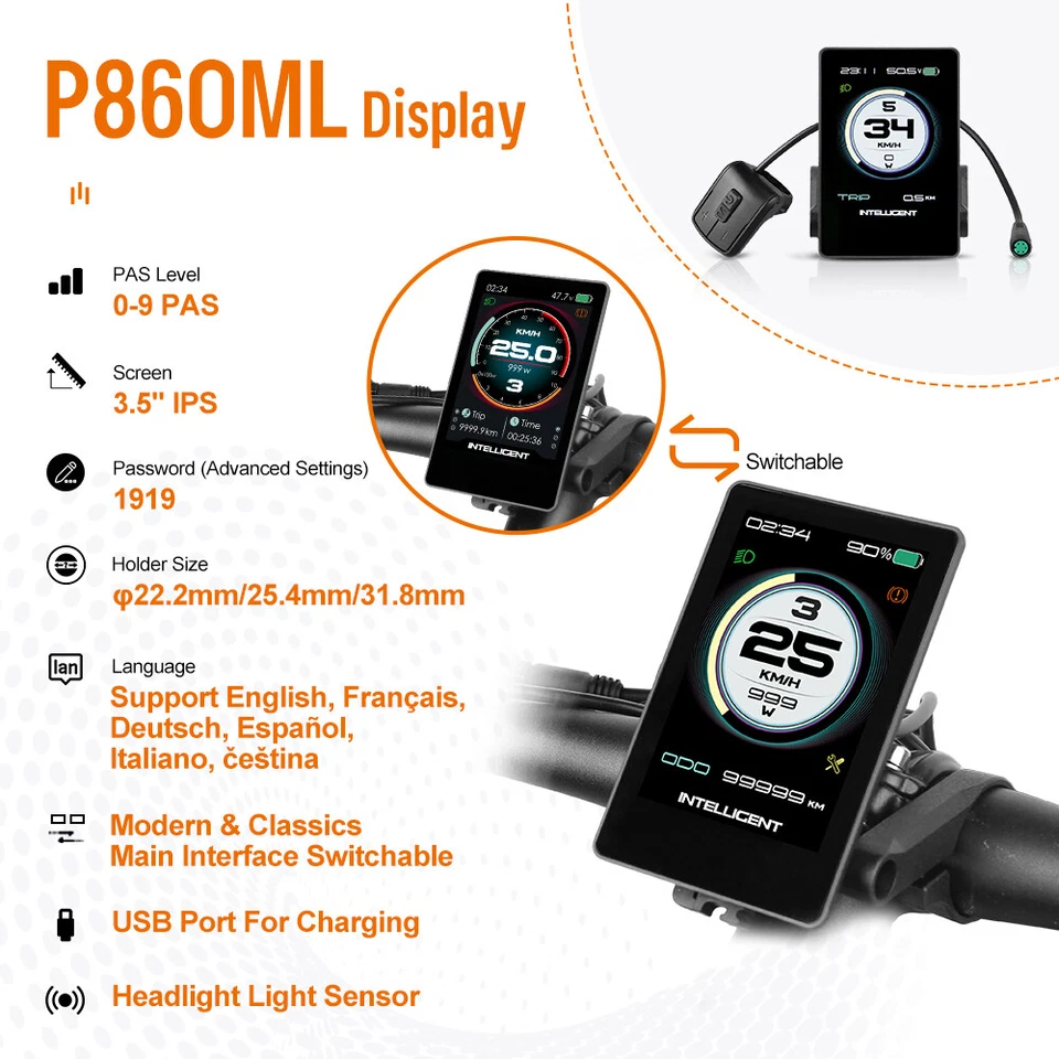 Pantalla de bicicleta eléctrica P86ML UART Protocolo para velocímetro de motor medio Bafang 5 pines