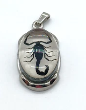 Silvertone Black Scorpion Design in Glass Necklace Pendant