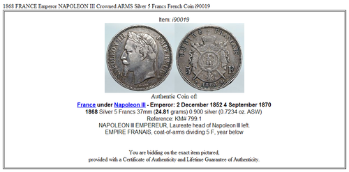 1868 FRANCE Emperor NAPOLEON III Crowned ARMS Silver 5 Francs French Coin i90019 - Picture 3 of 3