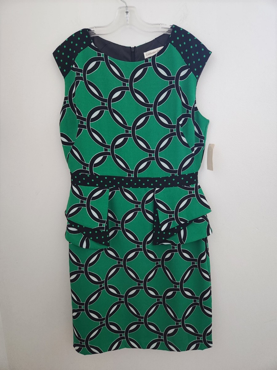 Coldwater Creek Patio Print Size 10 Dress Green Black White Sleeveless Peplum Coldwater Creek Patio Print Size 10 Dress Green Black White Sleeveless Peplum