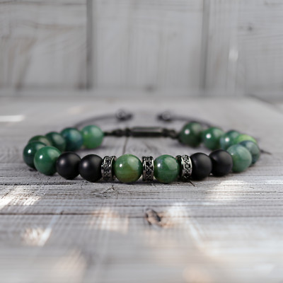 Triple Protection Natural Green Jade Black Onyx Stone Braided Warp Men Bracelet