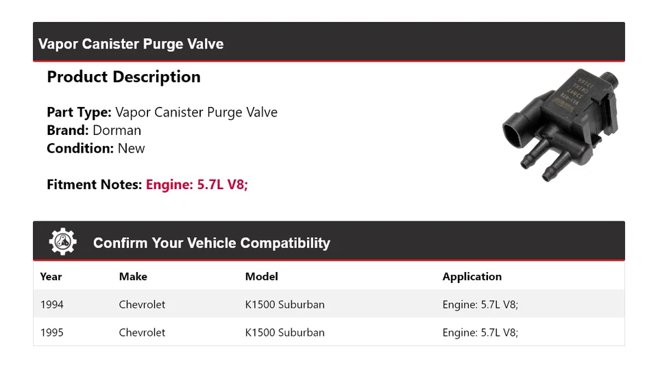 Válvula de purga de bote de vapor para Chevrolet K1500 Suburban Dorman 1994-1995 Foto 2 de 4