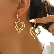 Fashion Golden Hollow Double-Layer Heart Shaped Drop Earrings Jewelry Women Gift