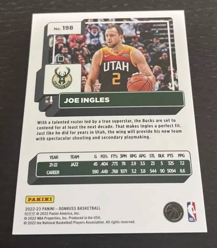 2022-23 Donruss Joe Ingles #198 Joe Ingles Milwaukee Bucks Basketball Card  NM