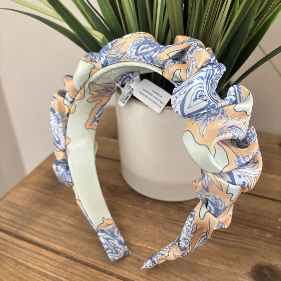 Diadema floral satinada Anthropologie naranja verde azul adulto talla única nueva con etiquetas Foto 2 de 4