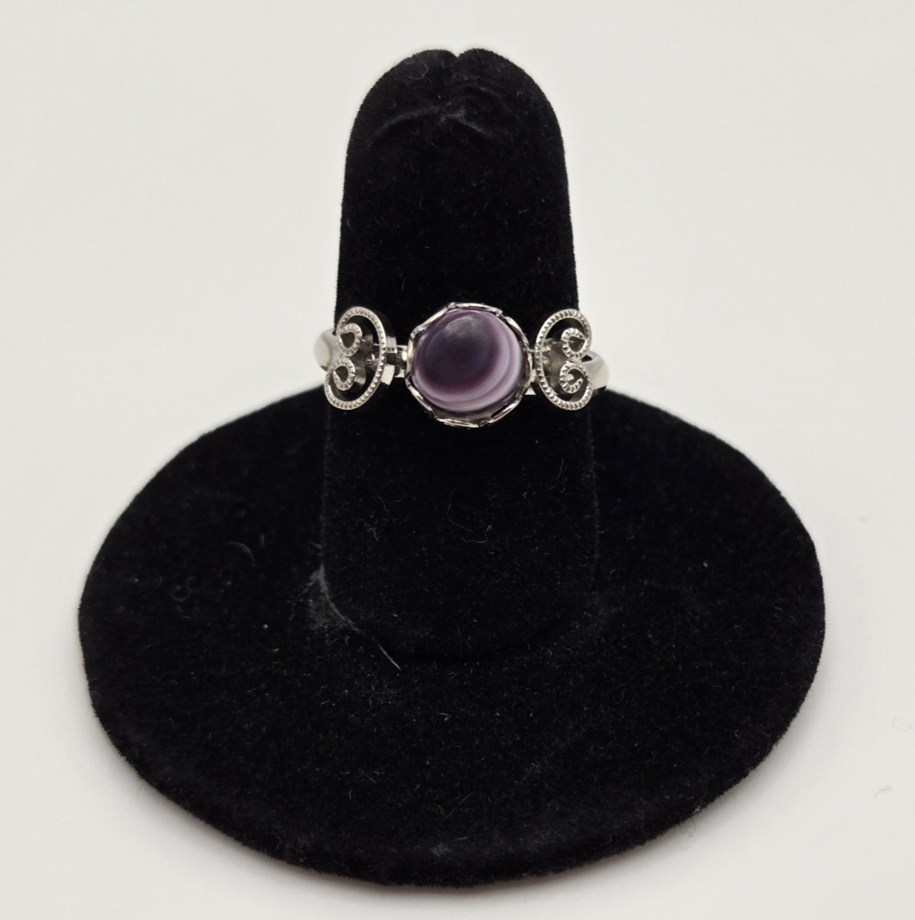 Amethyst Ring Silvertone Scrollwork Purple Stone … - image 2