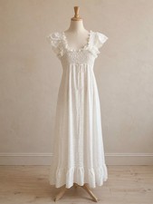 Vintage 1970s Handmade White Prairie Maxi Dress Smocked Lace Cottagecore S/M