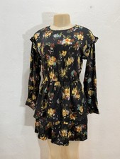 New Zara Women Black Floral Print Satin Mini A Line Dress Ruffle Long Sleeve S