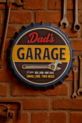 Blechschild Dad´s Garage Blau Kronkorken Design Ø 35 cm Vintage Retro Wandschild