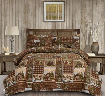 Moose Bear Quilt Set King Size Rustic Cabin Bedding King, Dark Coffee 