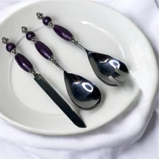 Amethyst Swirl Stone/Silver Handle 3 Pc Hostess Serving Set Stainless Steel