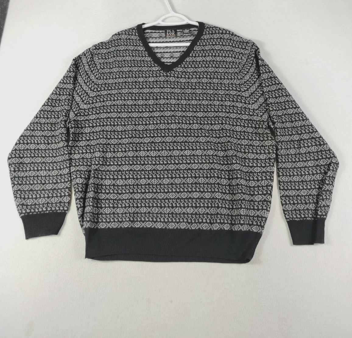 Jos A Bank Sweater Mens XL Black Merino Wool Fair Isle V Neck Pullover Knit