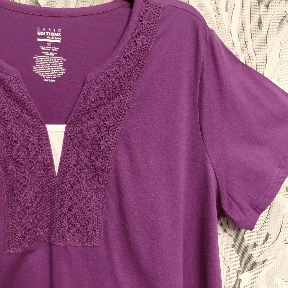 2X BASIC EDITIONS SOFT 100% COTTON KNIT MAGENTA 2-FER TOP T-SHIRT NEW OLD STOCK - Image 4 of 4