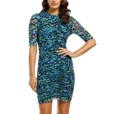 NWT NEW GANNI Blue Abstract Floral Ruched Stretch Mesh Dress Size 38