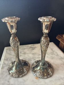 Vintage Godinger Silverplate Candlesticks Pair Baroque Rococo Scroll 8.25"