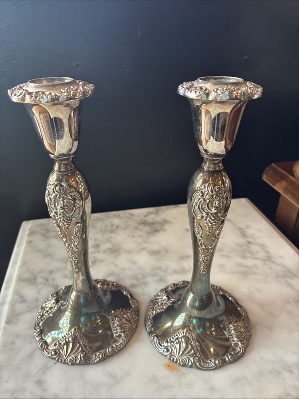 Vintage Godinger Silverplate Candlesticks Pair Baroque Rococo Scroll 8.25"