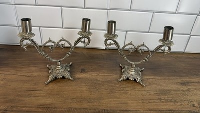 Vintage Pair Ornate Silver Tone 2 Arm Candelabra Candle Holders Floral